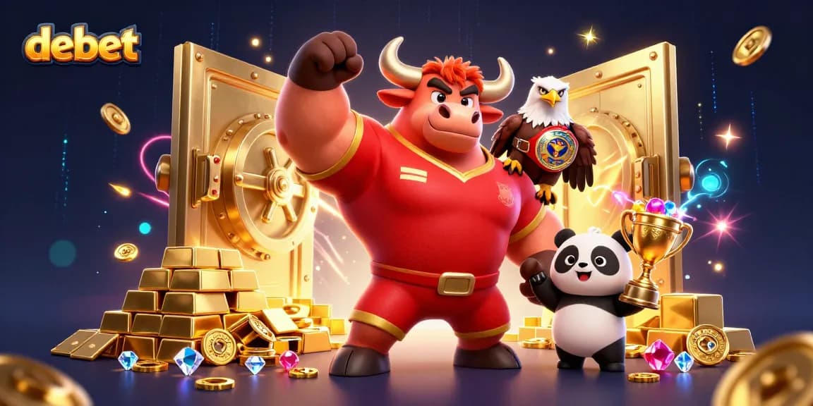 Experience debet with a cheerful panda, muscular bull, and eagle in a vibrant casino illustration.