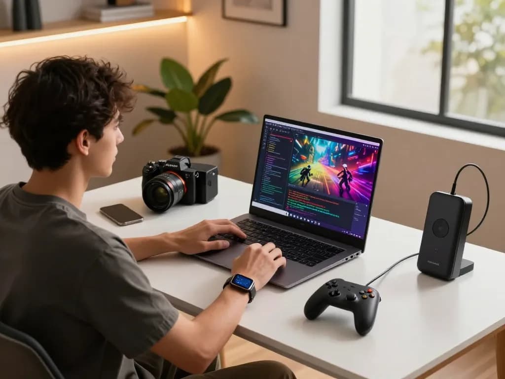 The best tech gadgets for men in a modern workspace featuring a young man using a Bluetooth gaming controller with stylish decor and advanced tech.