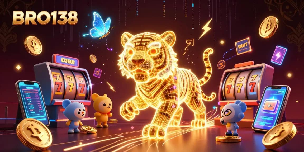 Engage with BRO138's thrilling slot experience featuring a neon tiger in a vibrant casino.