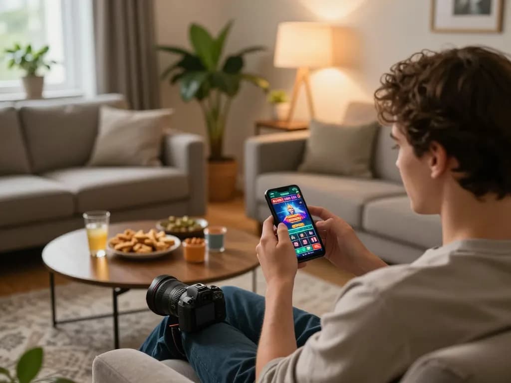 Engaging in online gaming at home with hidobasketgoztepe on mobile app showcasing casino excitement in cozy setting.