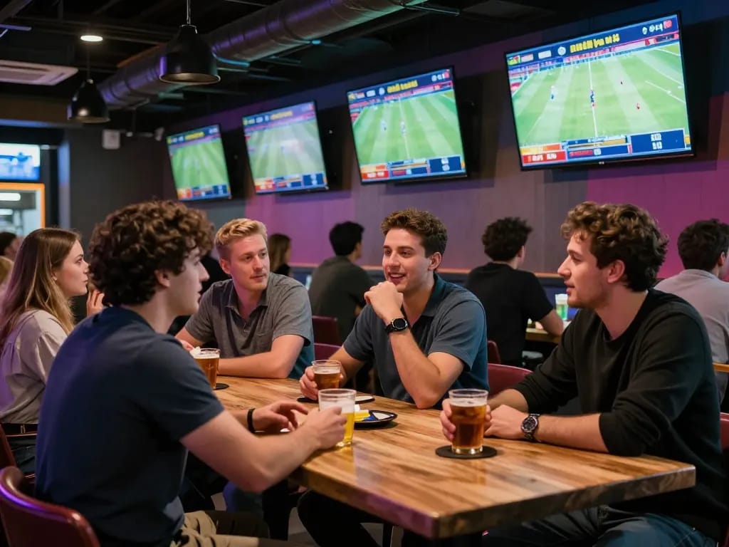Bongdallu users engaging in exciting sports betting experience at a vibrant sports bar