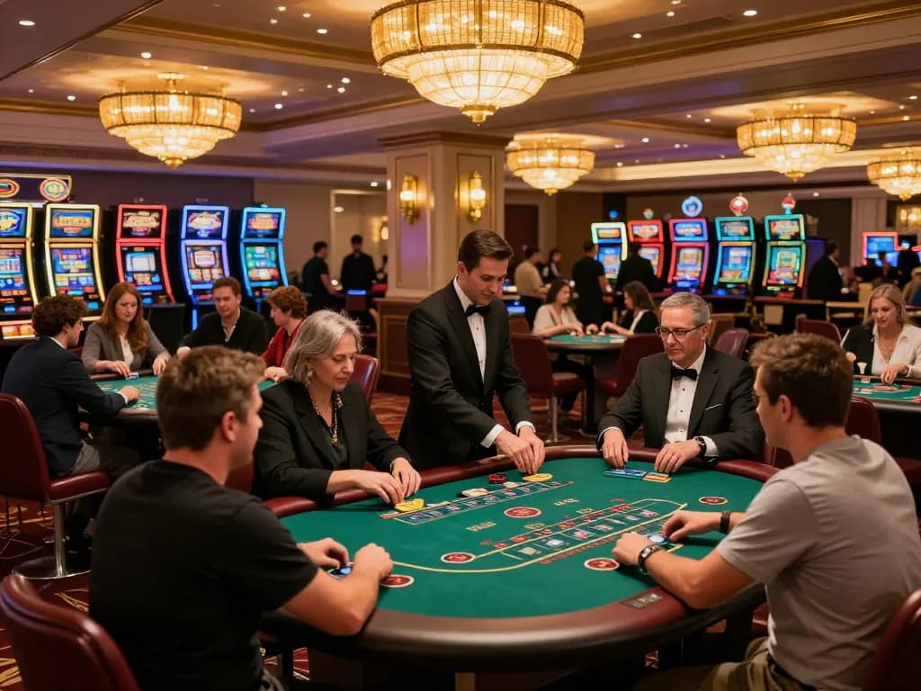 Players engaging in blackjack at GG88's upscale casino, showcasing lively atmosphere and strategic gameplay.