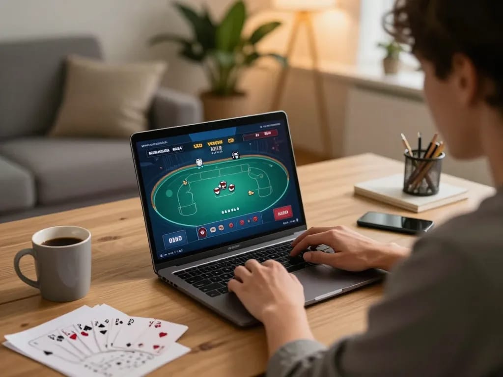 Playing poker on a laptop while focusing on strategies, GG88 offers a relaxed home gaming experience.