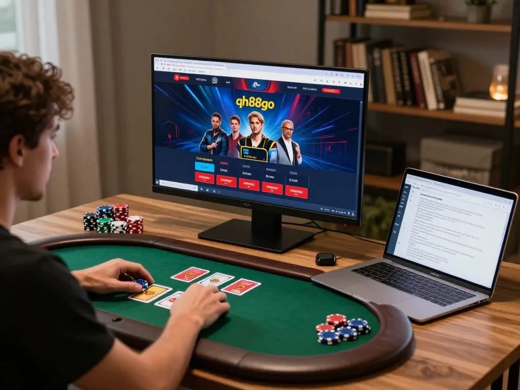 The user enjoys online gaming with qh88go, featuring a modern casino interface and poker setup.