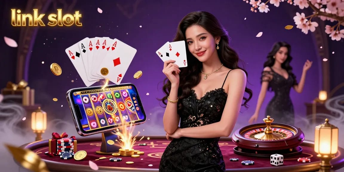 Rasakan permainan menarik dengan link slot di suasana kasino yang penuh warna, menampilkan wanita bergaya dengan kartu permainan.