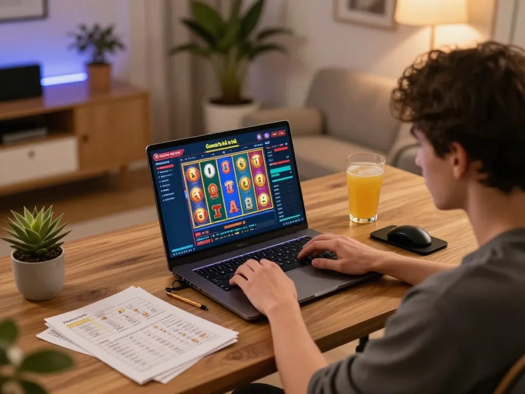 Engaging in Game bài nổ hũ on a laptop, surrounded by strategy notes and a cozy atmosphere.