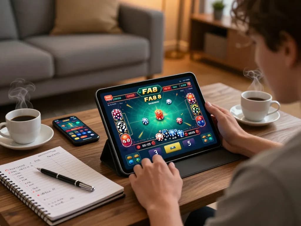 Player exploring FA8 8 online casino game on tablet in cozy home setting.