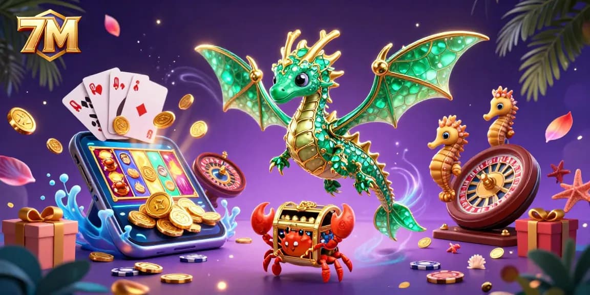 Bet on 7M with the 3D sea dragon amidst vibrant slot game excitement and treasure.