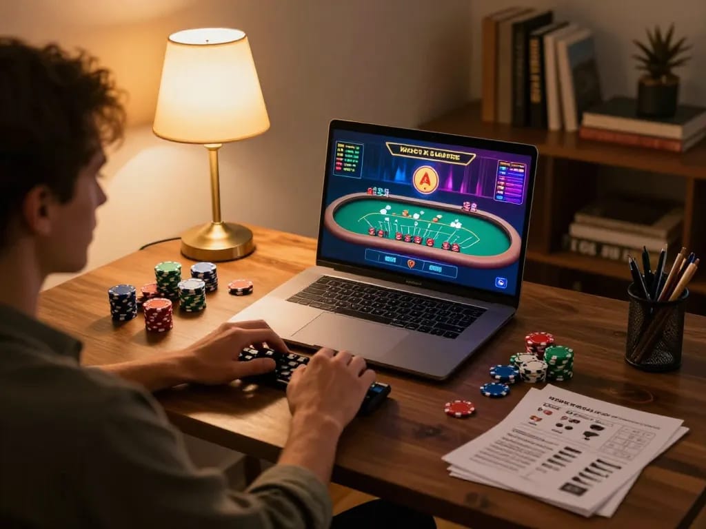 Player enjoying sun win blackjack at home using laptop with colorful gaming setup