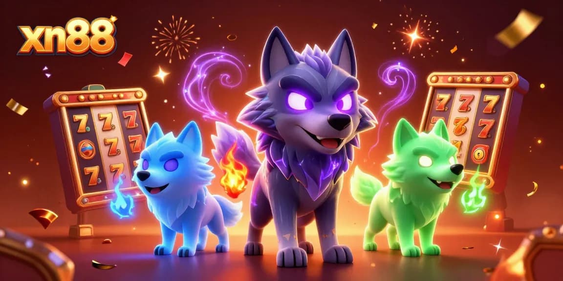 Experience thrilling gaming action at xn88 with vibrant slot reels and dynamic wolf characters.