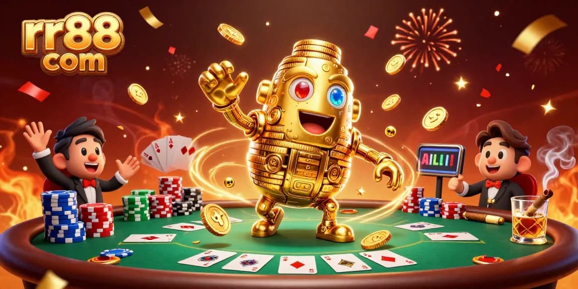 Experience thrilling gameplay at rr88 com, featuring a golden golem amidst a vibrant poker scene.