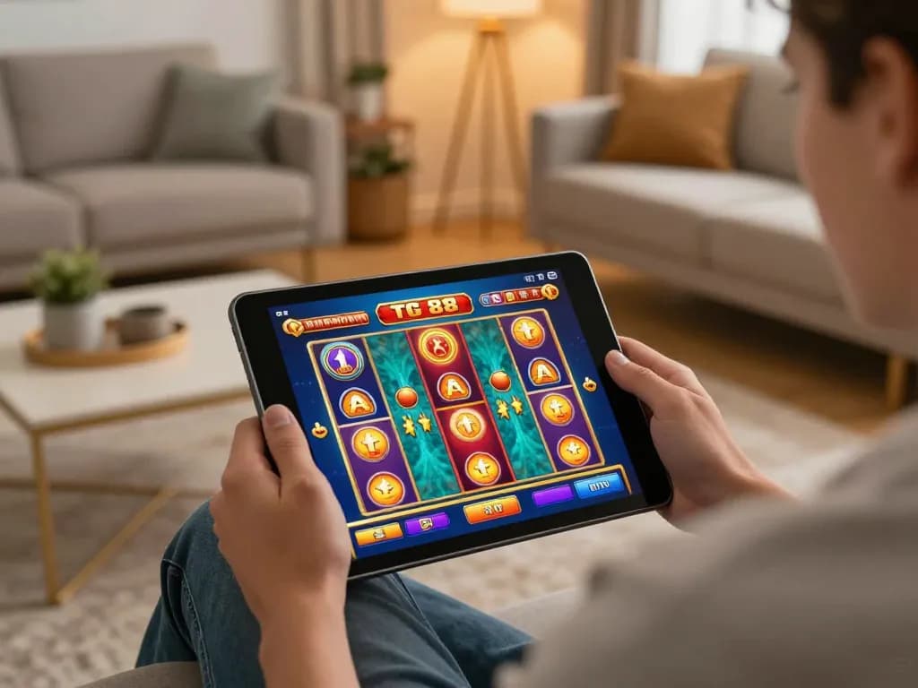 Player engaging with tg 88 gaming app on tablet in a cozy home setting, showcasing online gambling atmosphere.