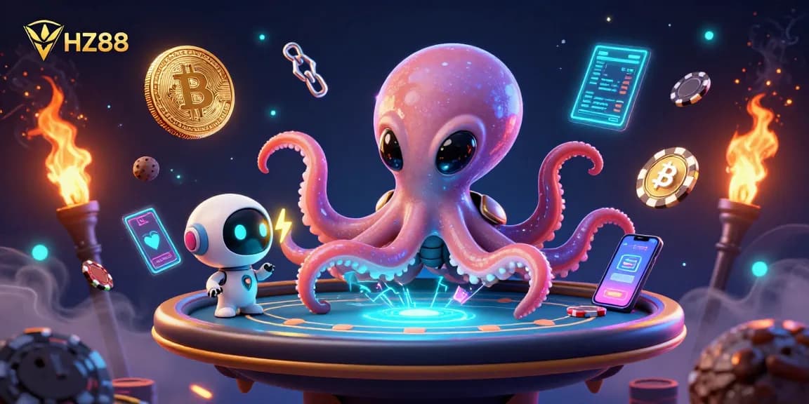 Experience HZ88's exciting gaming atmosphere with alien characters and floating poker elements in 3D.