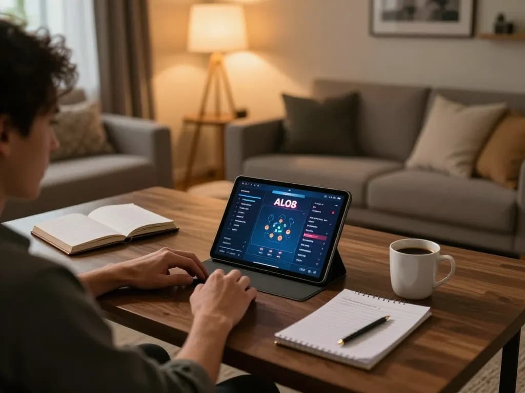 Player interacting with ALO8's online casino on tablet in a cozy home setting.