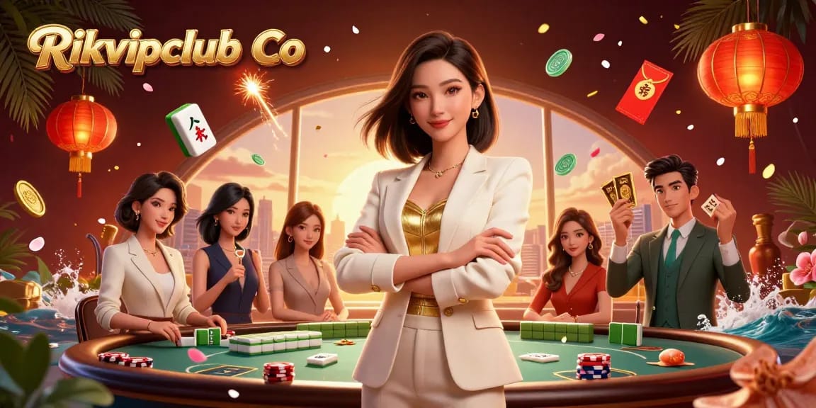 Engage with the vibrant action of Rikvipclub Co and enjoy a luxurious 3D casino scene filled with cards and festive elements.