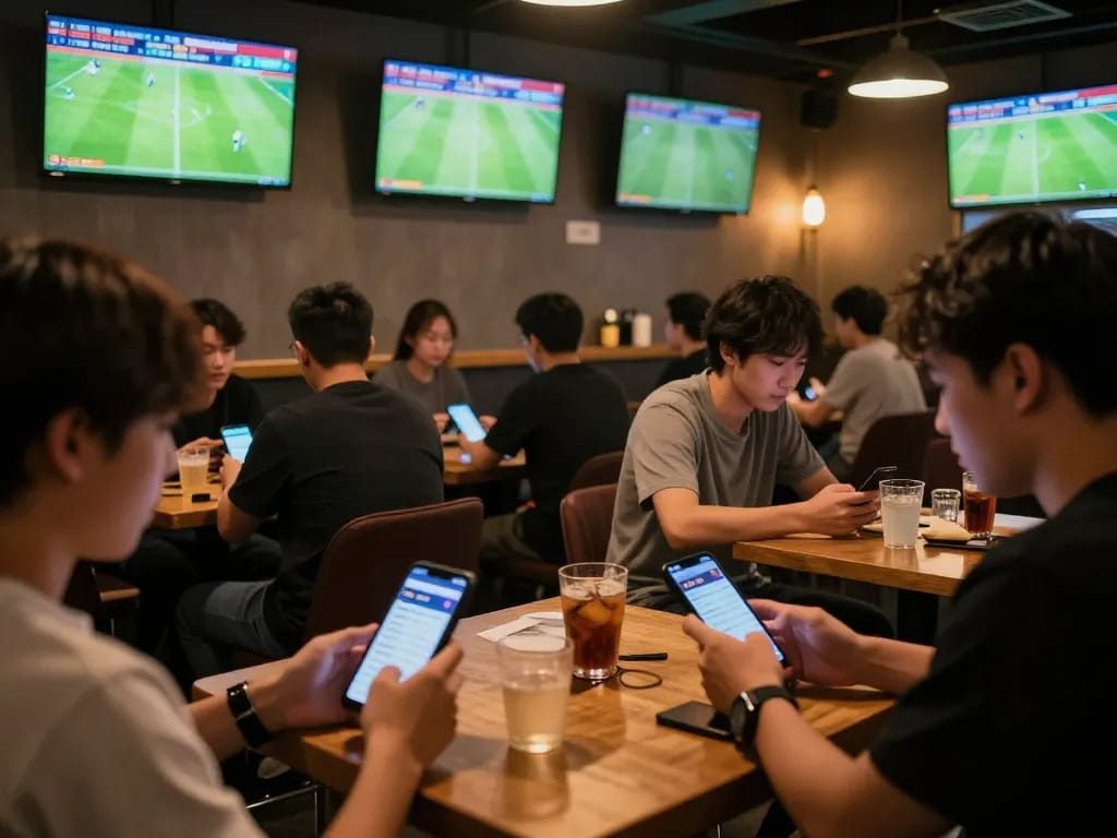Engaged bettors analyzing kèo nhà cái hôm nay odds in a lively sports betting lounge.