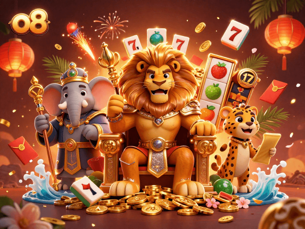 Experience thrilling gameplay at o8 with a fierce lion king and illustrious casino elements.