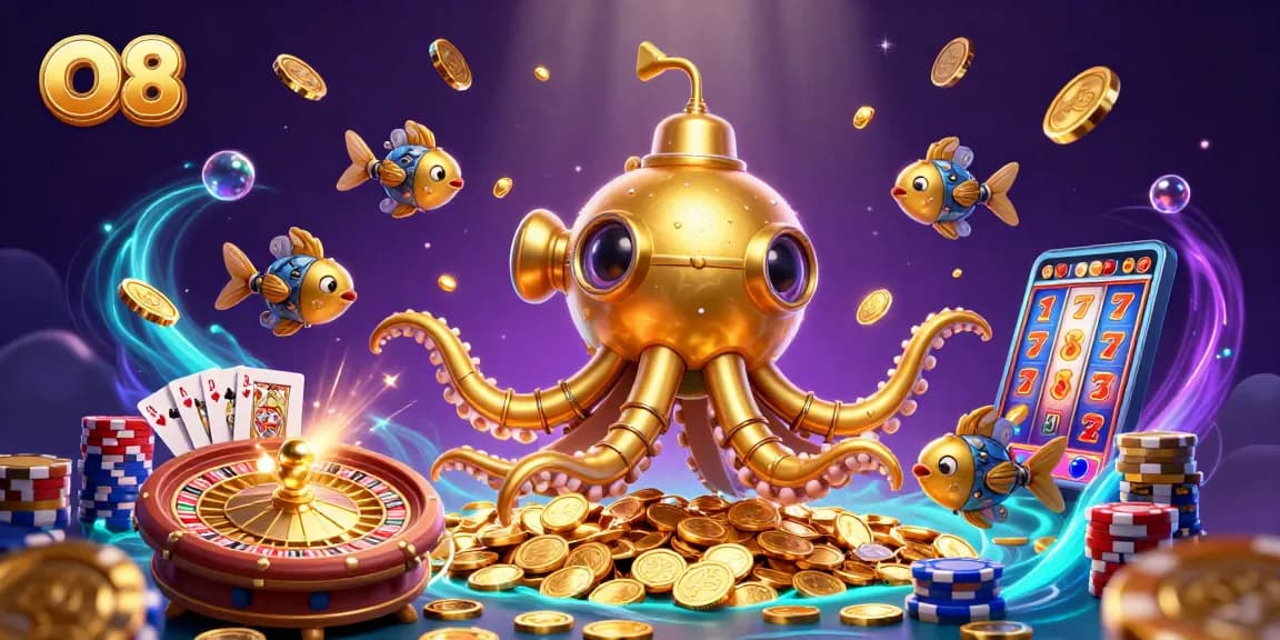Experience the thrill of O8's games with dynamic elements and golden rewards in a vibrant 3D scene.