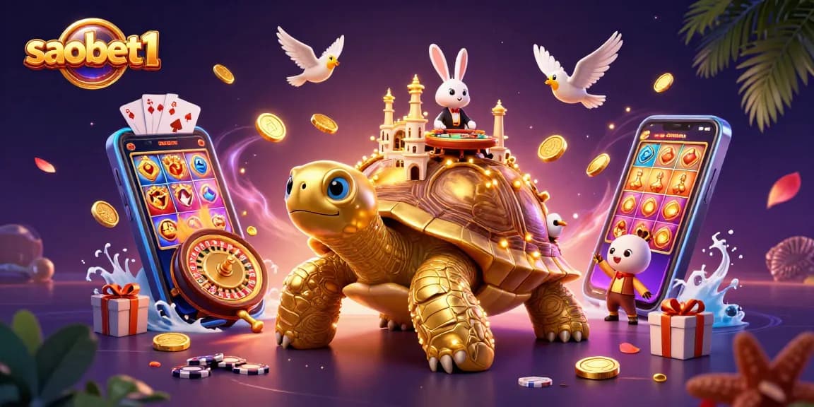 Join the excitement at saobet1 with a vibrant casino illustration showcasing a colorful tortoise and thrilling gaming elements.