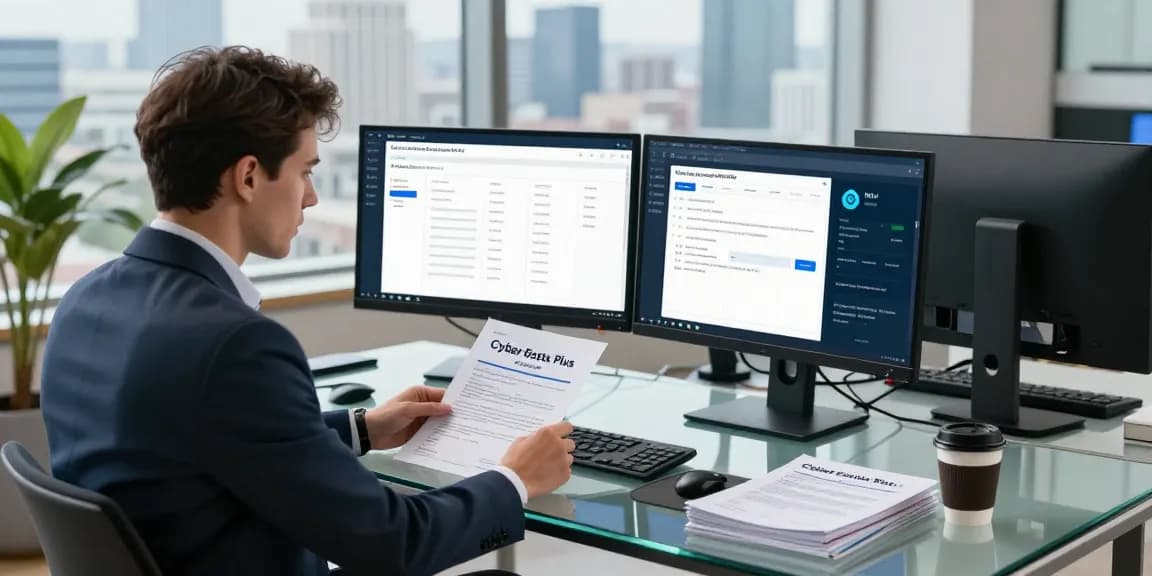 Consultant reviewing Cyber Essentials Plus documents in a modern office setting, showcasing cybersecurity expertise.