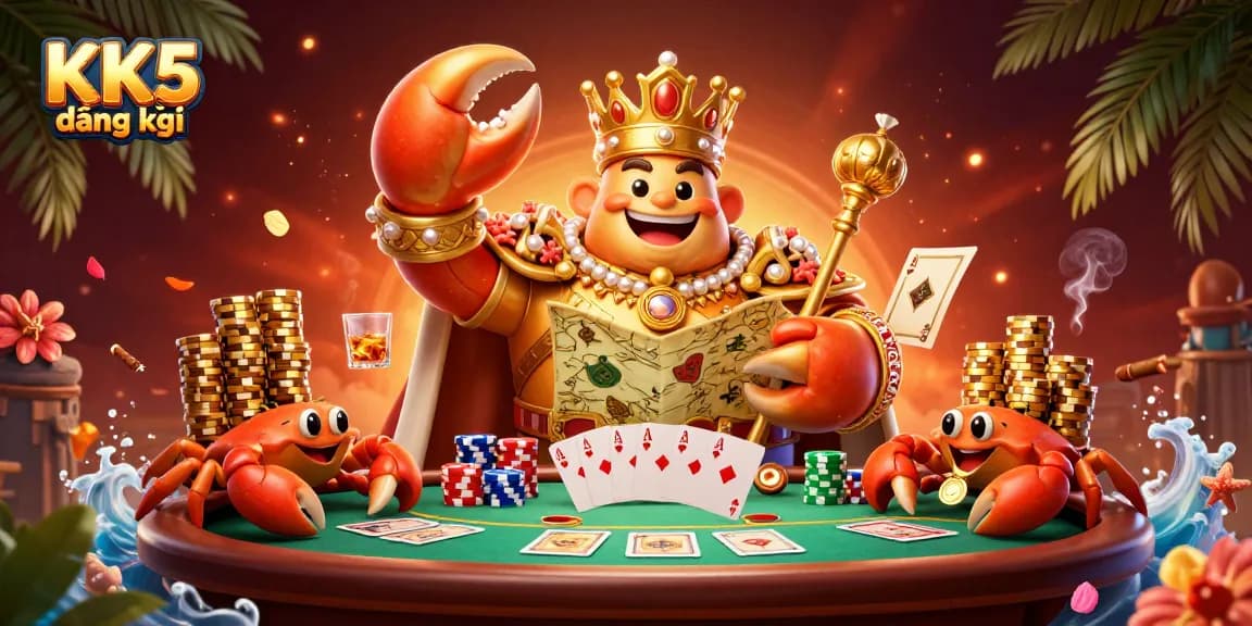 Engage in action with KK5 đăng ký and vibrant 3D casino elements featuring a crab emperor and poker game.