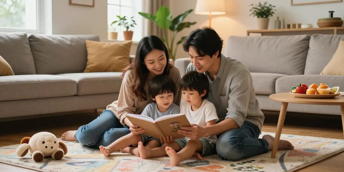 Parents and children bonding over storytime in a nurturing environment, showcasing rokok88's approach to positive parenting.