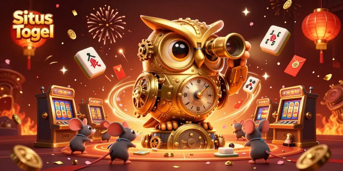 Catch winning numbers at Situs Togel with a festive 3D illustration of a golden owl amidst vibrant casino scenes.