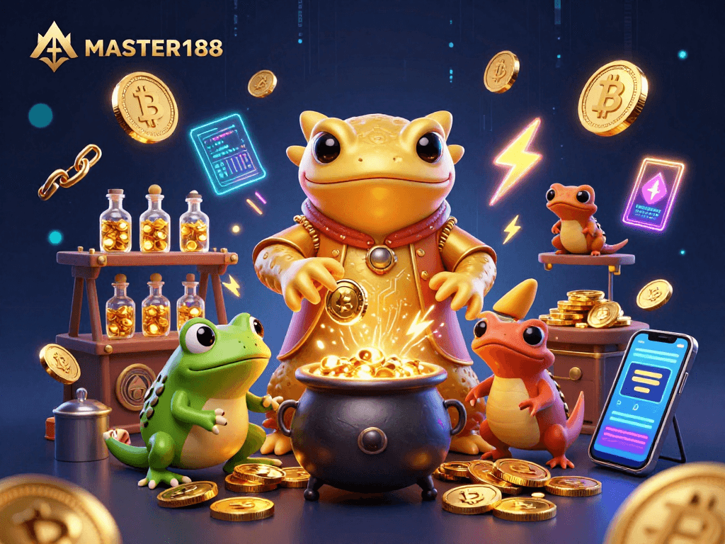 Master188 showcases an enchanting scene of a golden alchemist transforming metals into coins, energizing the gambling realm.