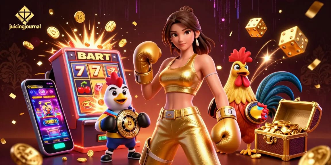 Experience thrill with juicingjournal as a woman and rooster win big amid exciting casino symbols.