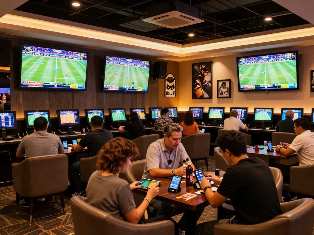 Engaged sports bettors analyzing odds at nhandinhkeonhacai in a vibrant lounge setting.