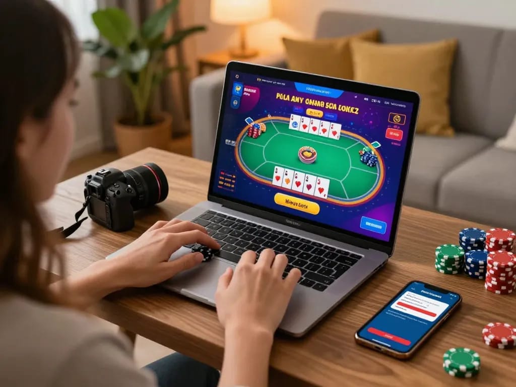 abc8 player enjoying an intense online poker game, chips and cards in action, home setting.
