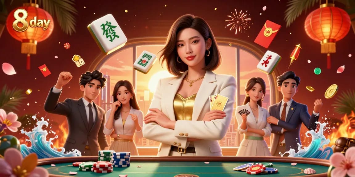 Experience the thrill of gambling with 8 day cards and casino elements in a vibrant 3D illustration.