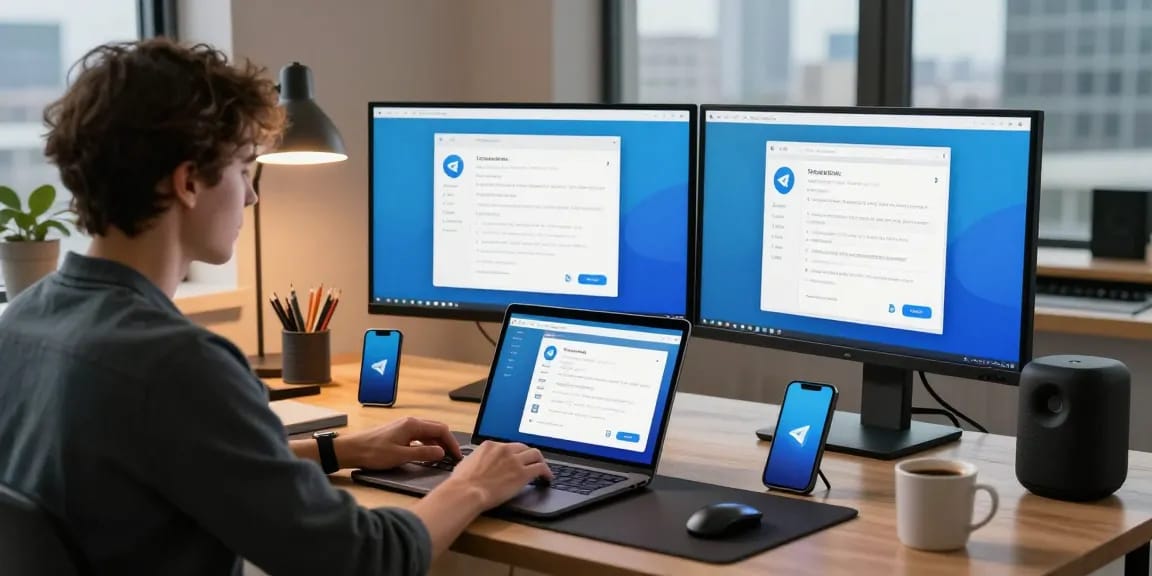 Telegram Download scene depicting a user downloading the app on a modern digital workspace with sleek gadgets and city skyline.