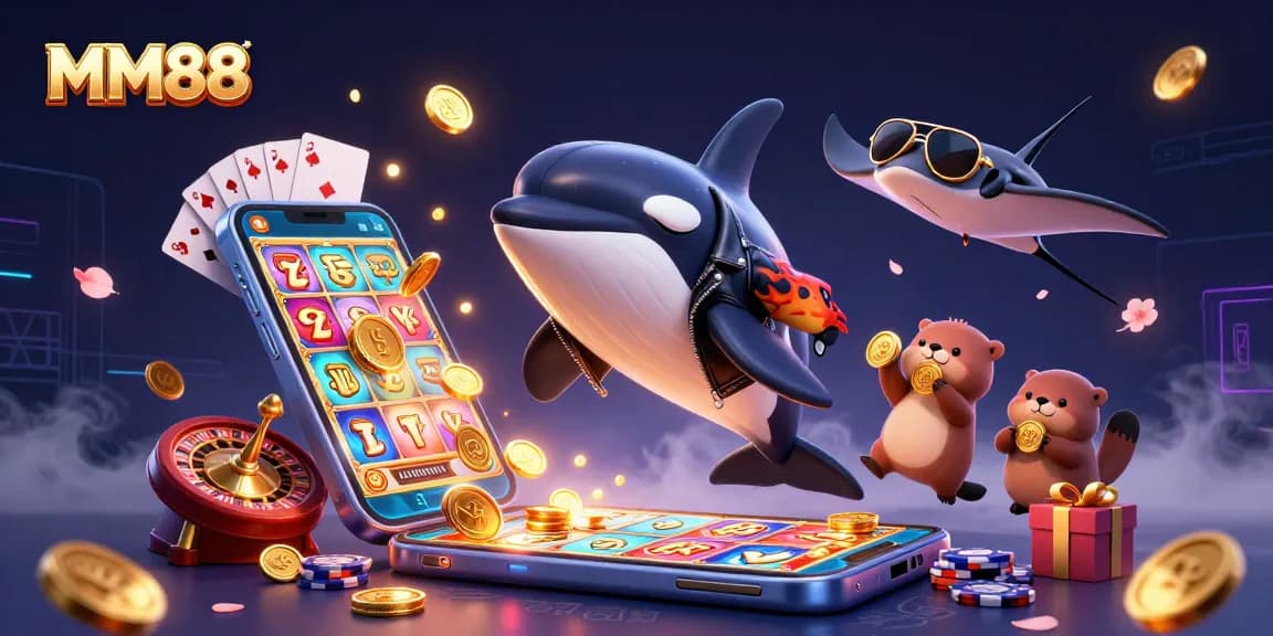 Join the MM88 fun with vibrant sea creatures and exciting casino elements in this dynamic scene!