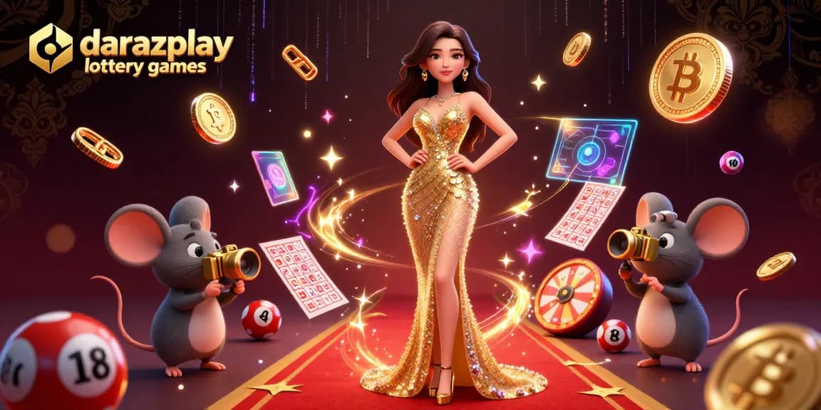 Play exciting darazplay lottery games with vibrant elements like numbered balls and prize wheels.