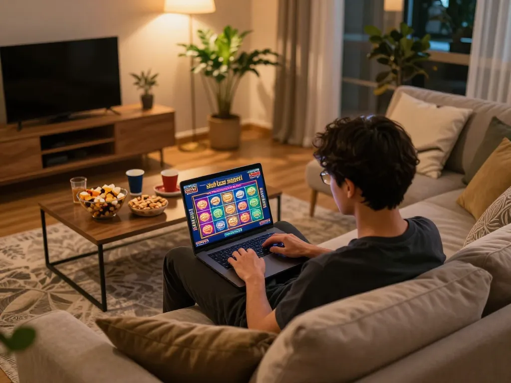 Engaging online gaming moment featuring slot luar negeri on a laptop in a cozy home environment