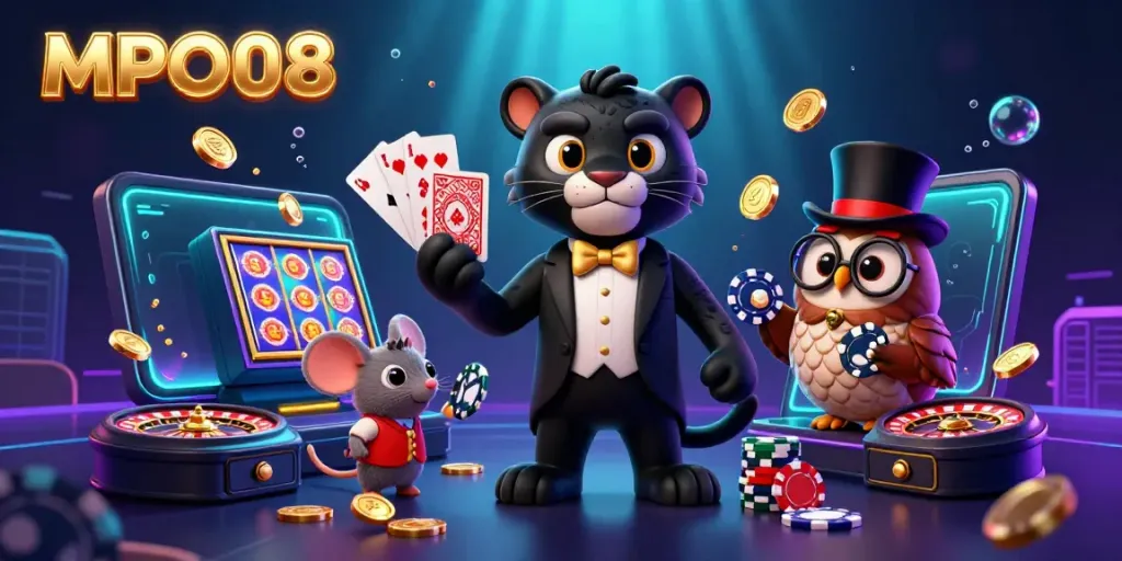 Experience thrilling gambling action with MPO08 in a playful casino scene featuring unique characters.