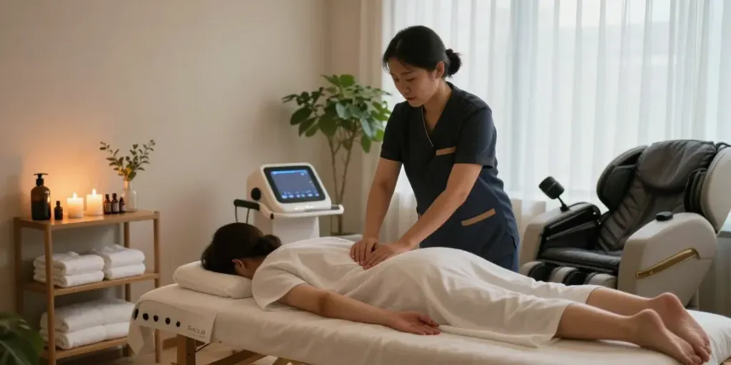 Experience the serene ambiance of 신촌출장안마 with a professional therapist in a calming wellness studio.