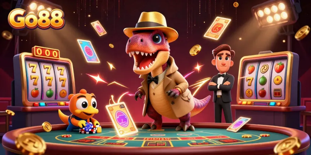 Go88 features a velociraptor card counter and stegosaurus pit boss in an exciting blackjack scene.