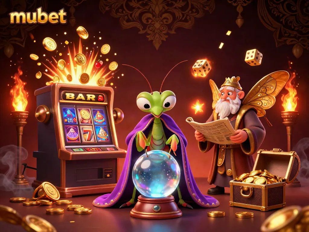 Engage with mubet's thrilling slots and fortune-telling characters in a vibrant casino fantasy.