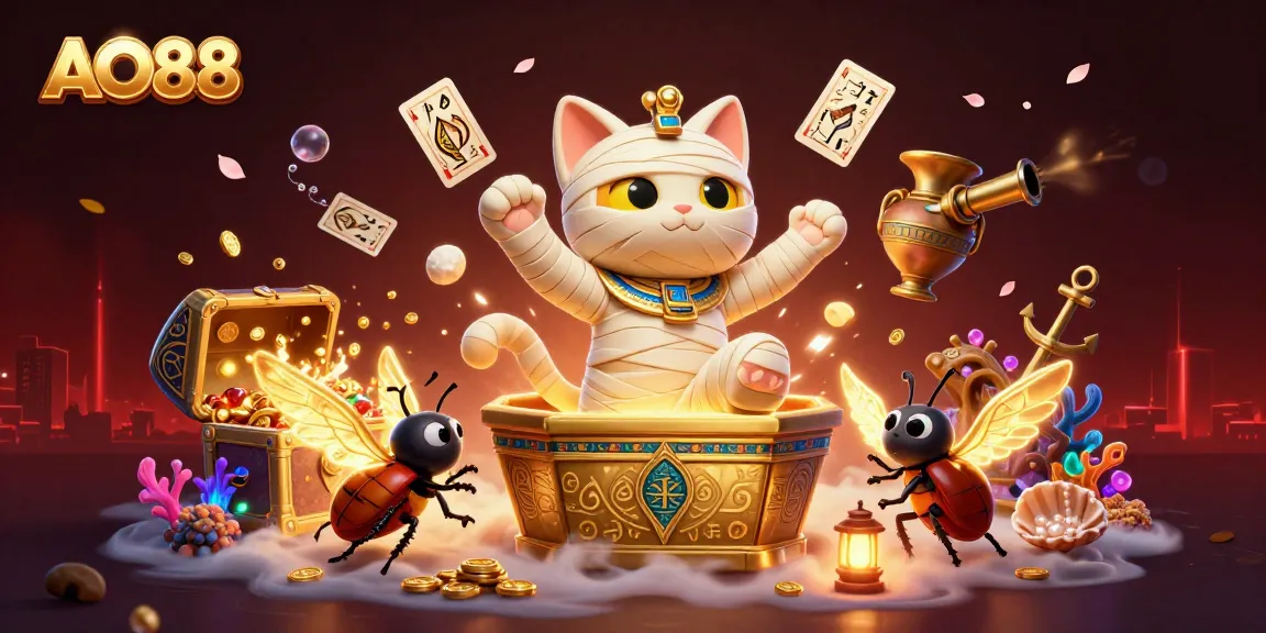 Experience exciting casino gameplay with AO88's vibrant mummy cat, jewels, and gaming elements.