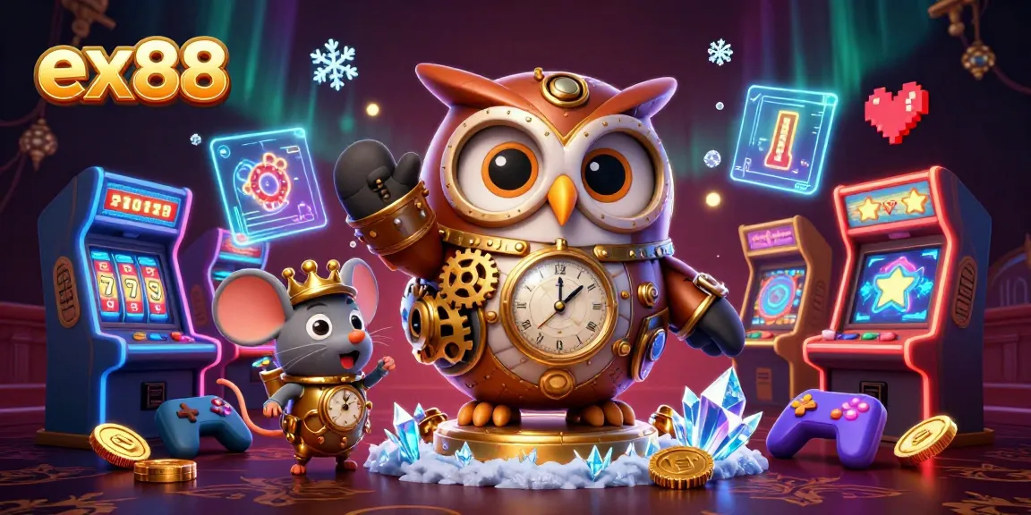 Experience thrilling gaming wins at EX88 with colorful 3D casino elements and cartoon characters.