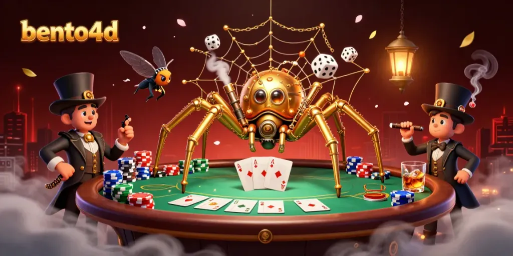 Engage with bento4d as a golden spider captures dice in a vibrant casino scene.