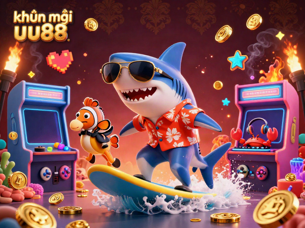 Engage with khuyến mãi uu88 through this vibrant 3D scene featuring a shark, clownfish, and crab among arcade elements!