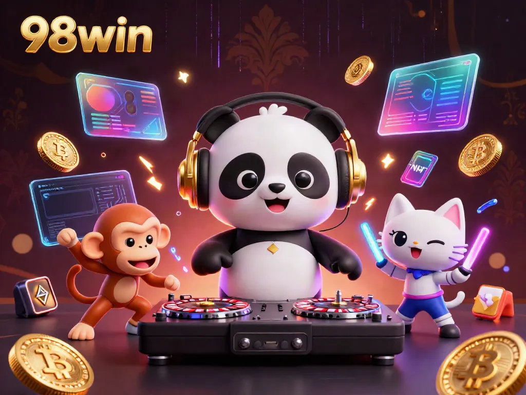 Engage with 98win's vibrant casino atmosphere, featuring a DJ panda and celebratory themes.