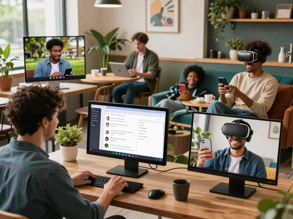 Individuals enjoying engaging ai sex chat in diverse settings using different devices.