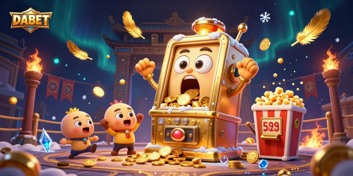DABET slot machine hits jackpot as coins pour out, celebrating with cheering machines and fun casino elements.