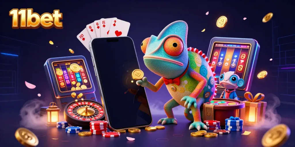 Feel the excitement of 11bet with a colorful casino scene featuring a vibrant chameleon and dynamic gaming elements.