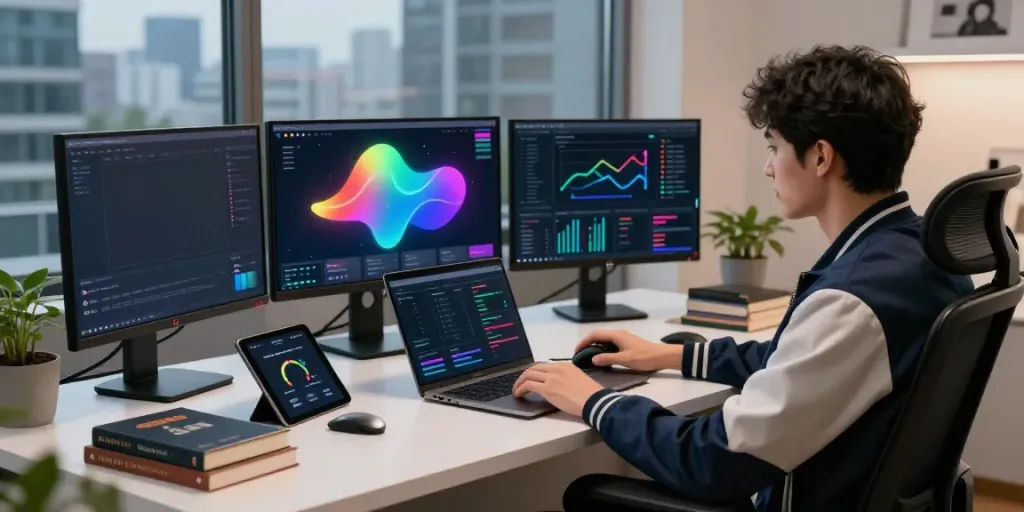 Kinetiq Hyperliquid workspace illustrating developer analyzing kHYPE staking data on multiple screens.