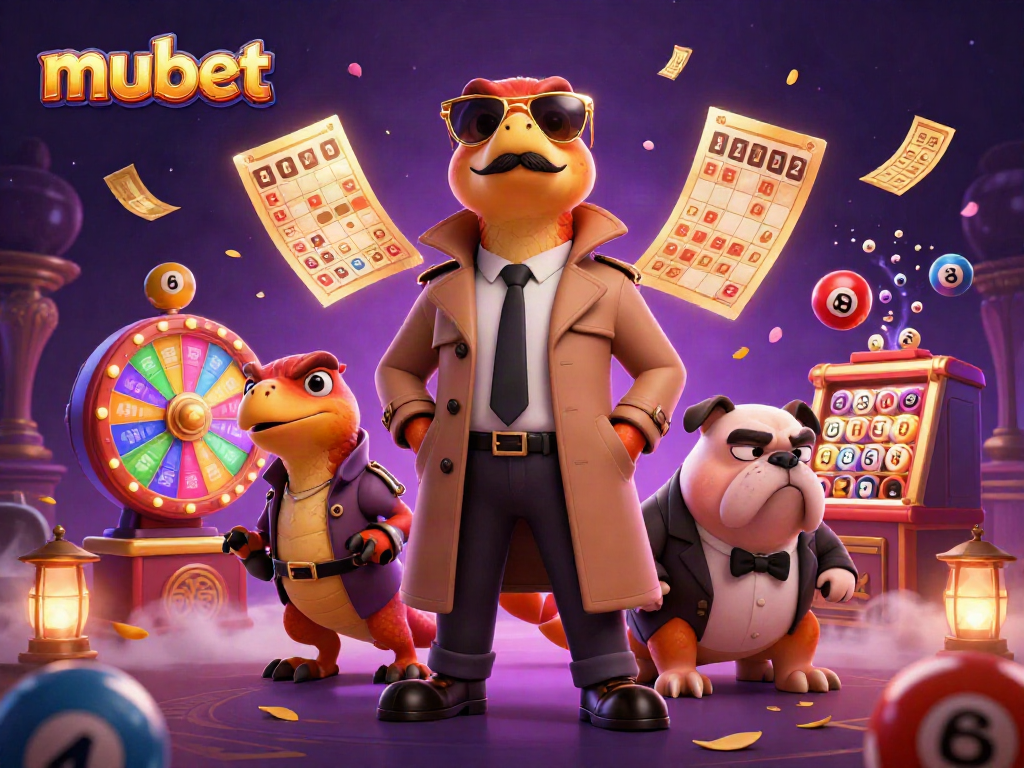 Engage in the vibrant world of mubet with raptors in a trench coat trying to enter a casino, surrounded by lottery elements.